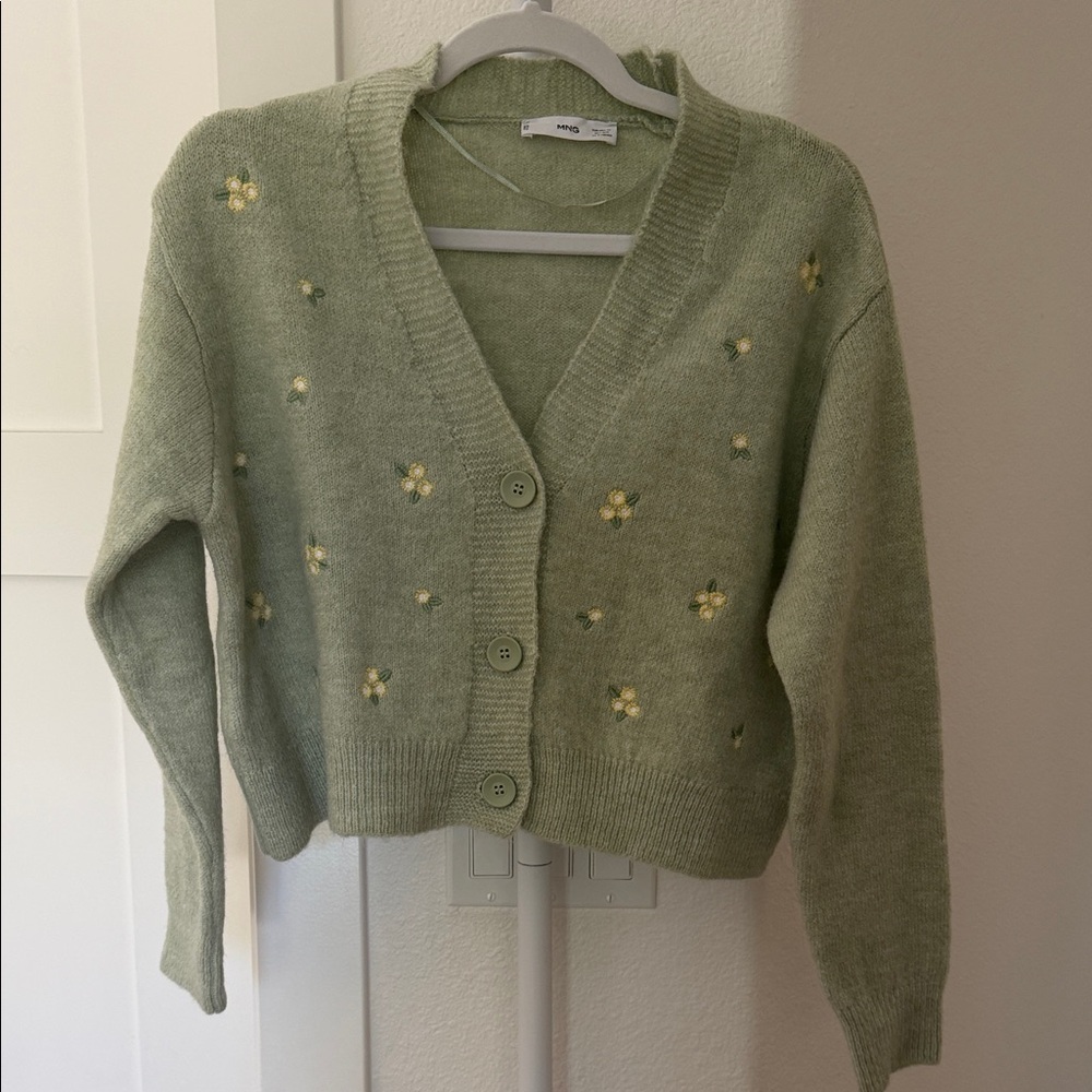 MANGO Soft Green Floral Embroidered V-Neck Cardigan Sweater